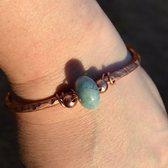Conceptual Subculture Jewelry - Genuine Aquamarine Gemstone Copper Cuff Bracelet